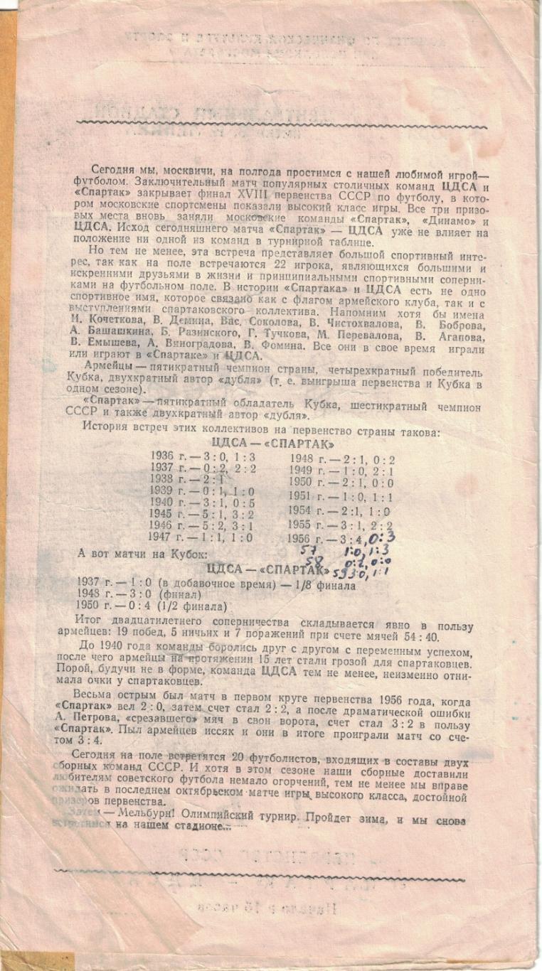Спартак Москва - ЦДСА 28.10.1956 Чемпионат СССР 1