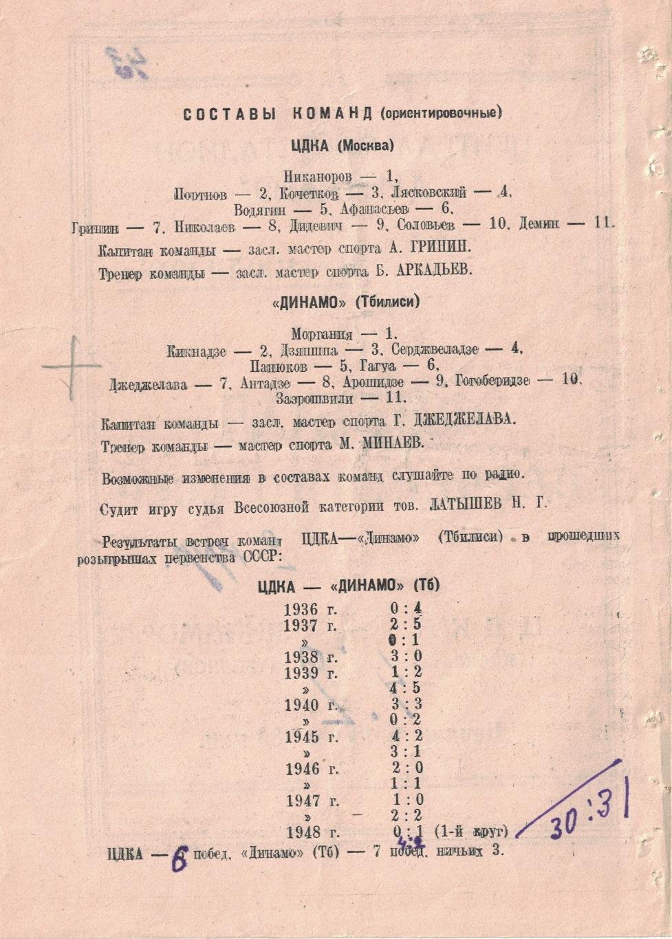 ЦДКА - Динамо Тбилиси 31.07.1948 Чемпионат СССР 1