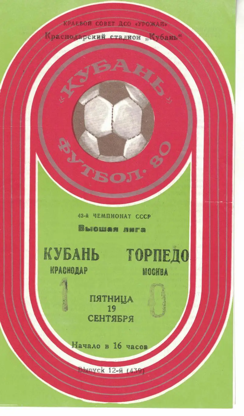 Кубань Краснодар - Торпедо Москва 16.09.1980 Чемпионат СССР