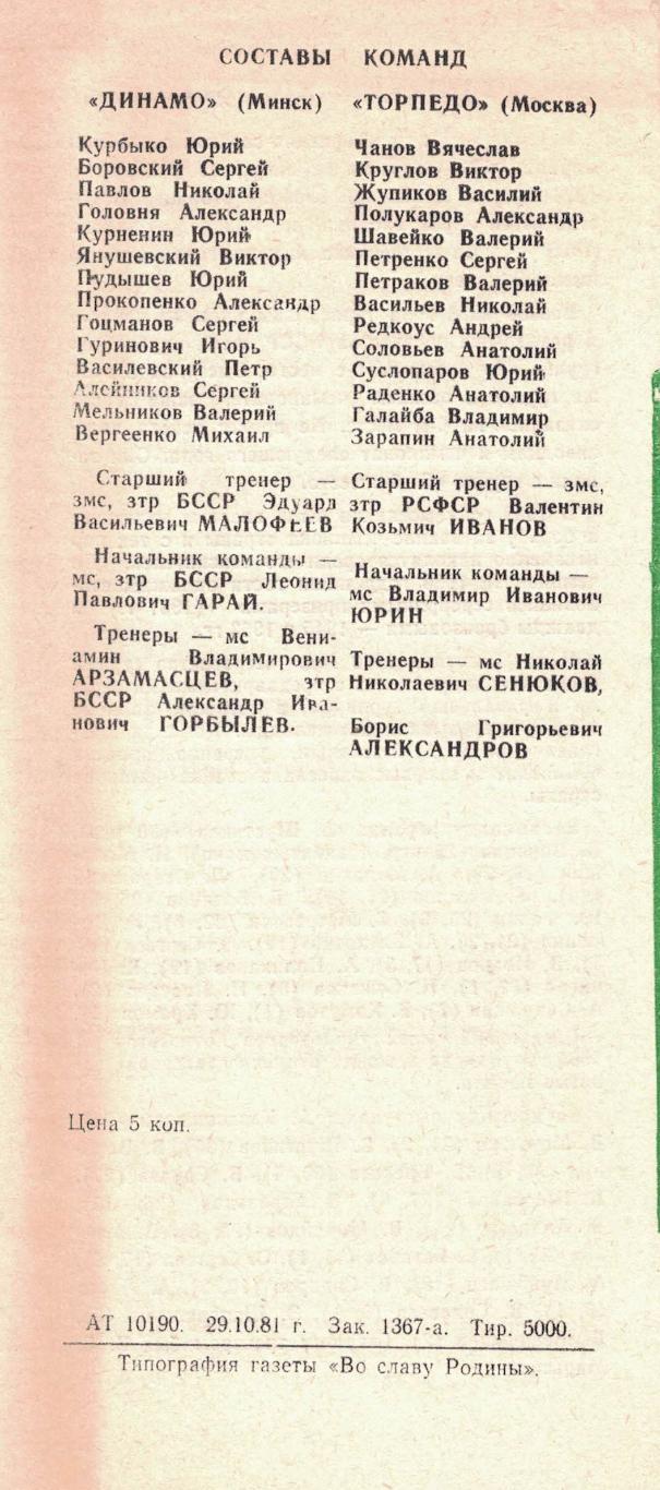 Динамо Минск - Торпедо Москва 11.11.1981 Чемпионат СССР 1