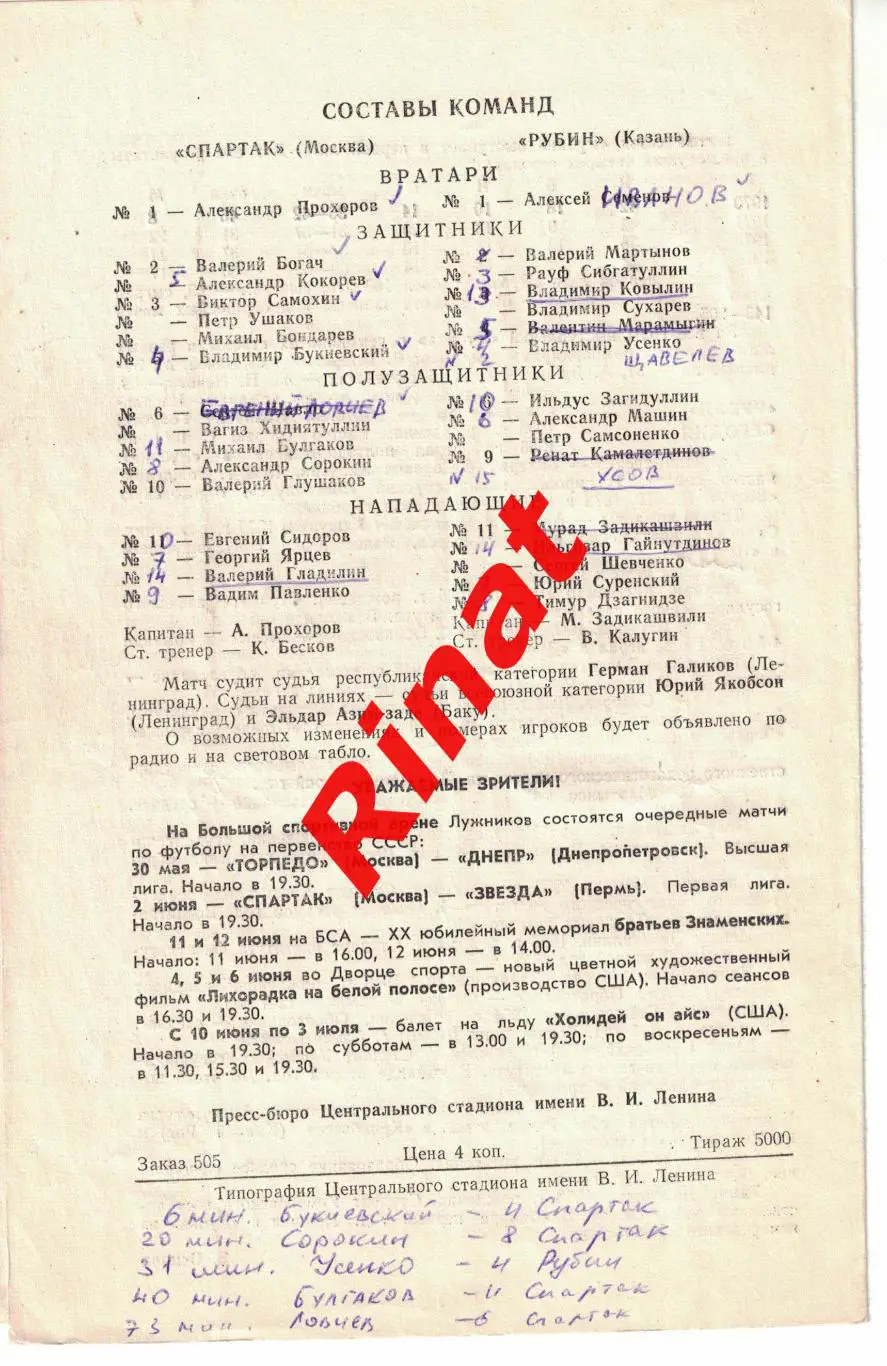 Спартак Москва - Рубин Казань 29.05.1977 Чемпионат СССР 1