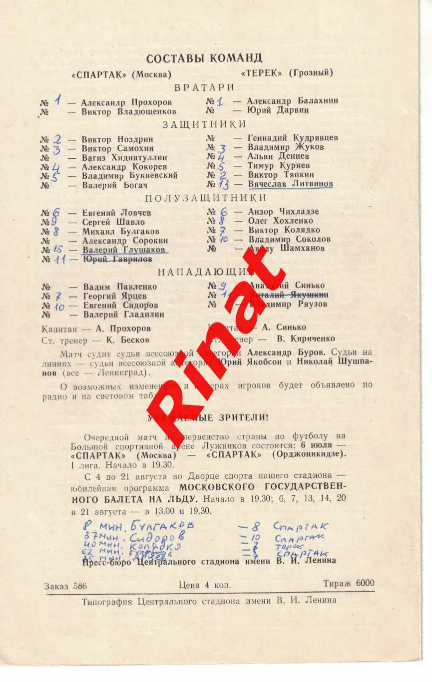 Спартак Москва - Терек Грозный 02.07.1977 Чемпионат СССР 1