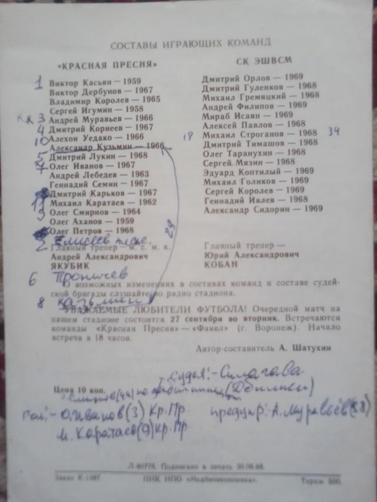 Красная Пресня Москва-СК ЭШВСМ Москва1988 год. 2