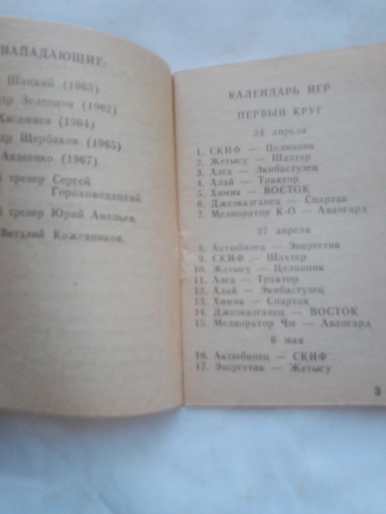 ФК Восток Усть-Каменогорск календарь игр 1988 год. 2