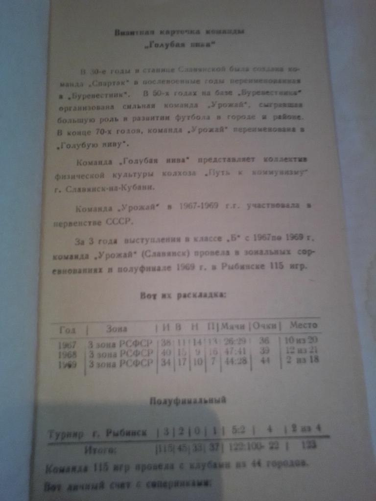 Программа сувенир ФК Голубая нива Славянск-на-Кубани 1989 год. 1