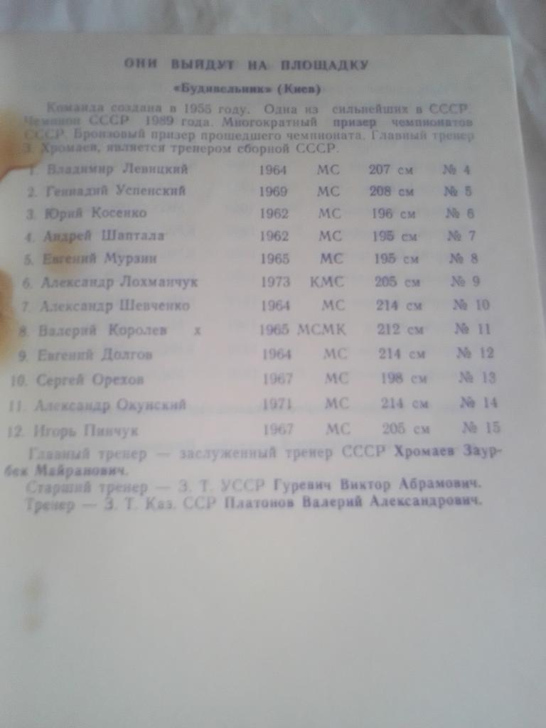 Программа 2 тура Чемпионата СССР среди мужских команд 17-19 октября 1990 год. 1