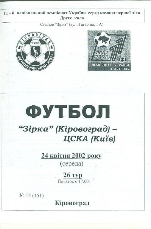 -Украина.Зирка Кировоград-ЦСКА Киев-24.04.2002