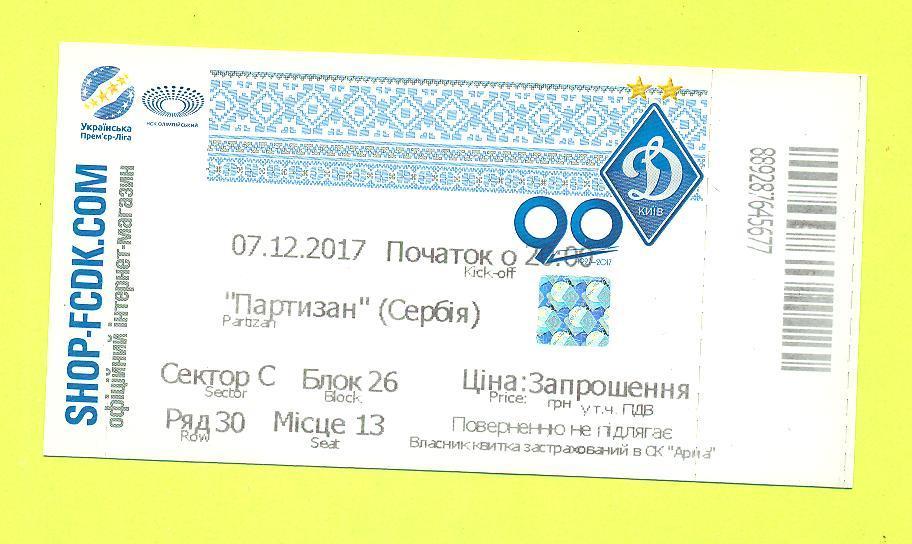 Динамо Киев-Партизан Сербия-7.12.2017.