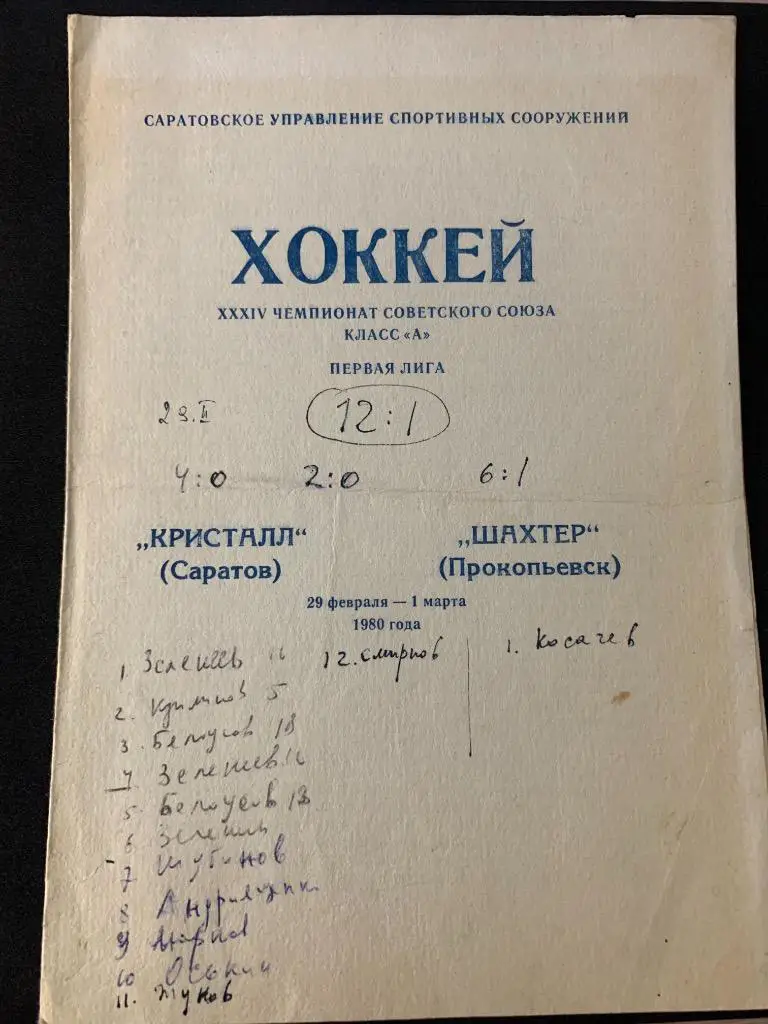 Кристалл (Саратов) - Шахтер (Прокопьевск) 29 февраля - 1 марта 1980