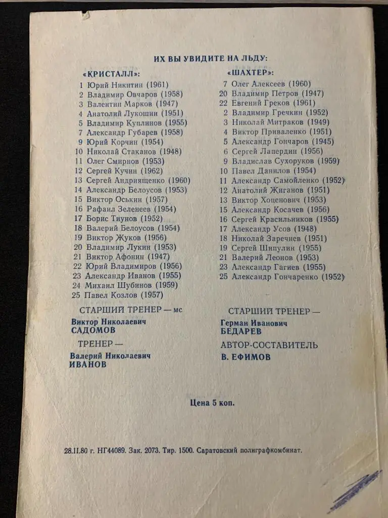Кристалл (Саратов) - Шахтер (Прокопьевск) 29 февраля - 1 марта 1980 1