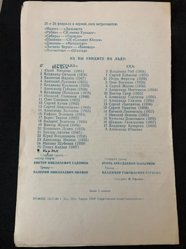 Кристалл (Саратов) - СКА (Новосибирск) 25-26 февраля 1980 1