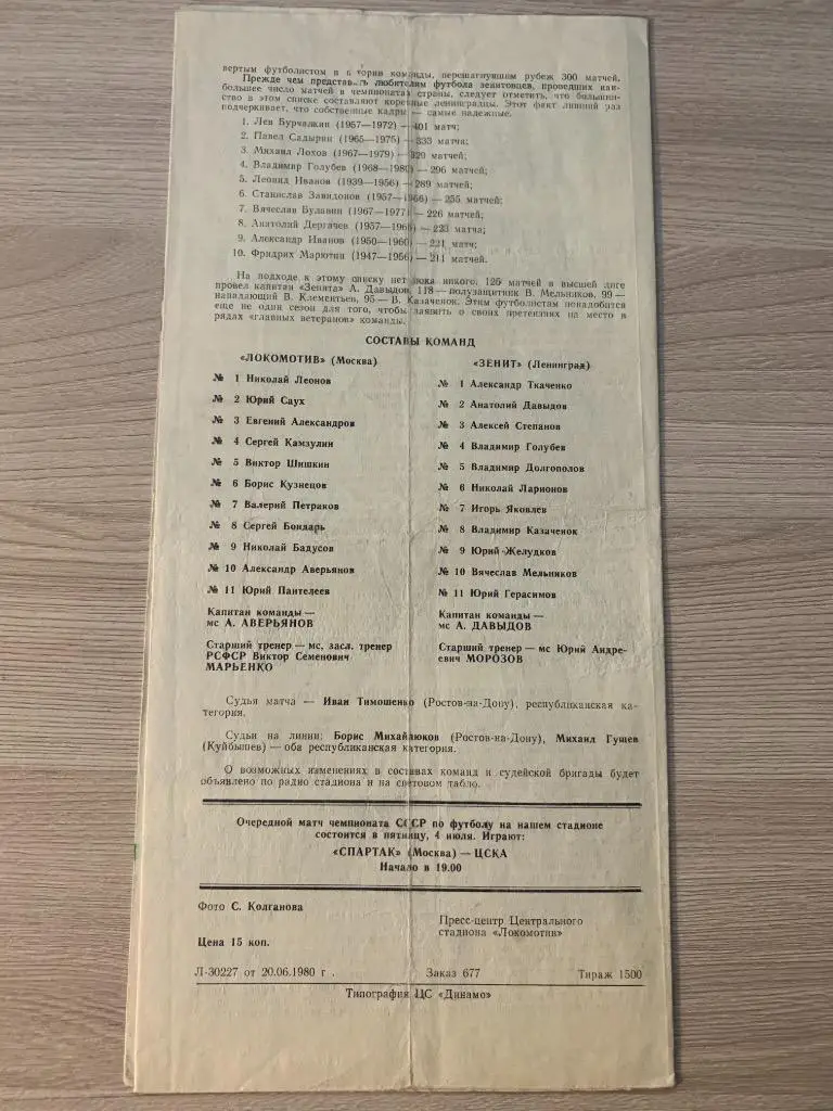 Локомотив (Москва) - Зенит (Ленинград) 01.07.1980 1