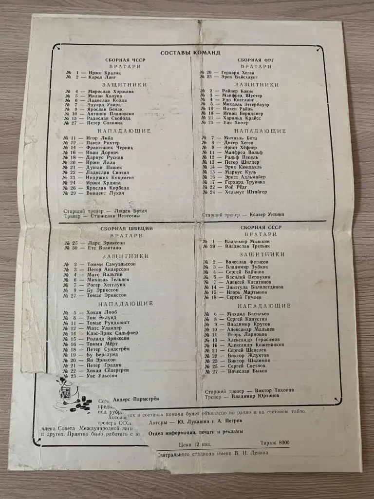ЧССР - ФРГ / Швеция - СССР Приз «Известий» 19.12.1982 1