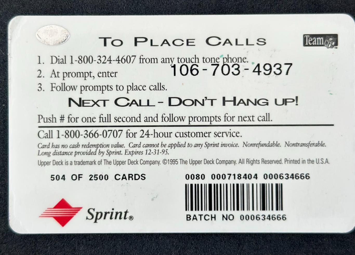 NFL Телефонная карта Sprint 1995 San Francisco 49ers 1