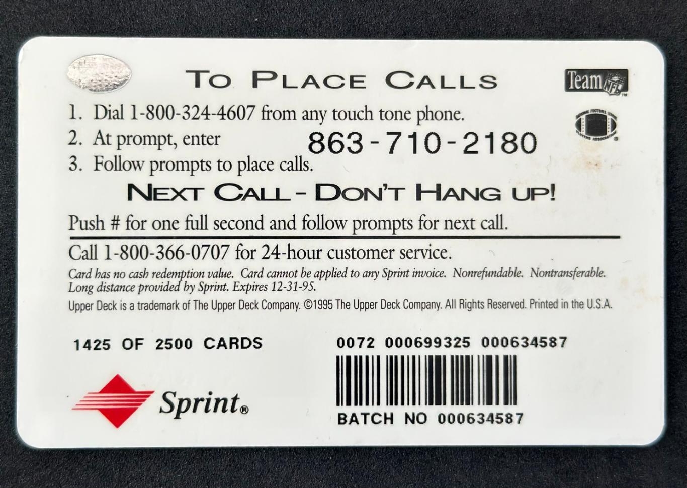 NFL Телефонная карта Sprint 1995 Washington Redskins 1