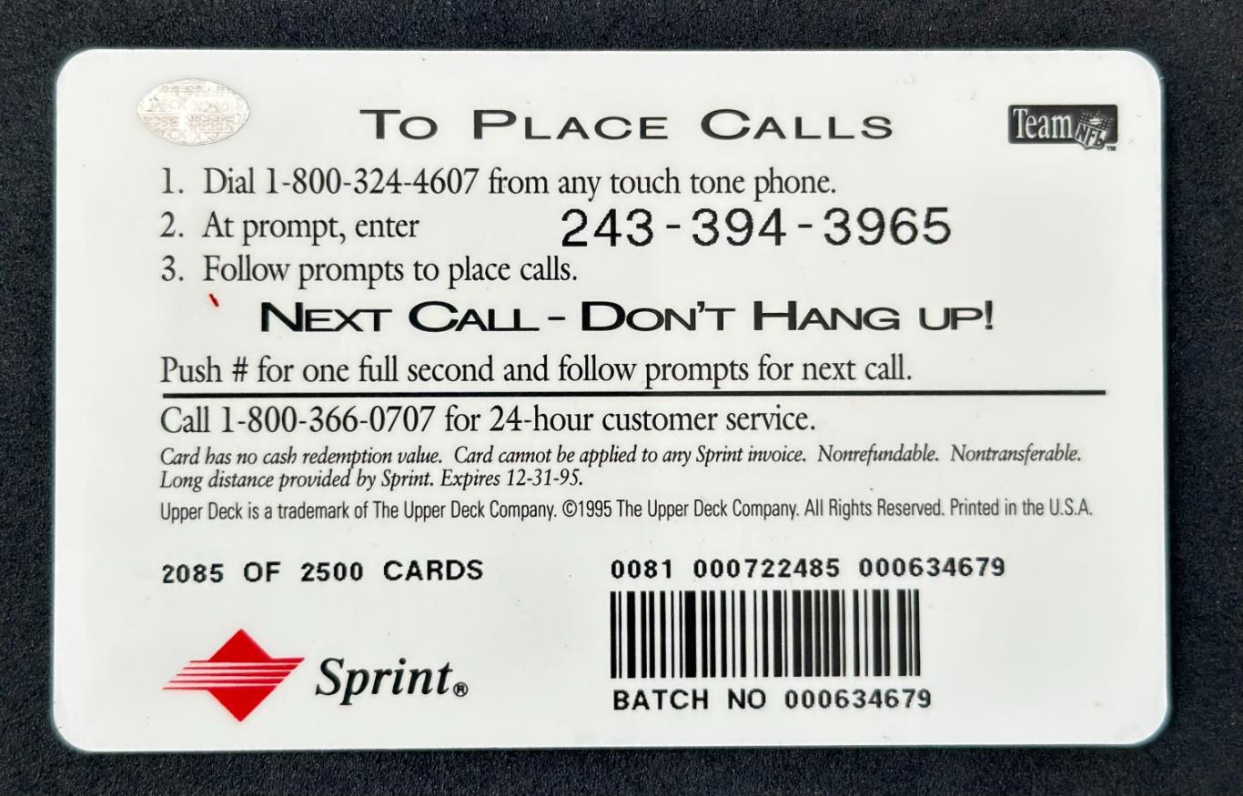 NFL Телефонная карта Sprint 1995 New England Patriots 1