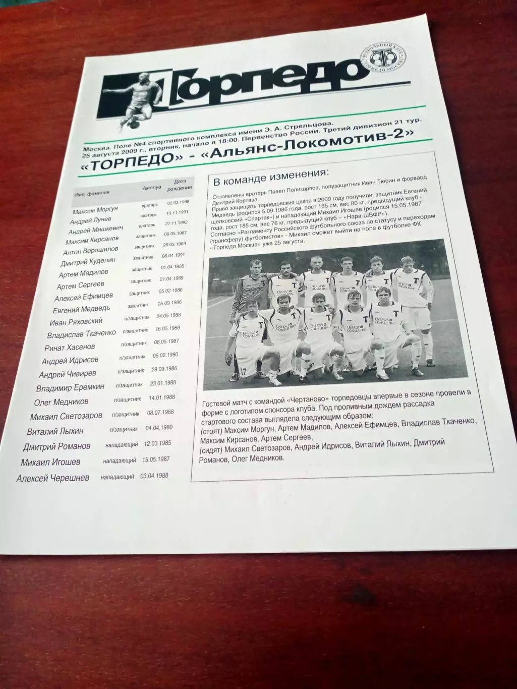 Торпедо Москва - Альянс-Локомотив-2. 25 августа 2009 год