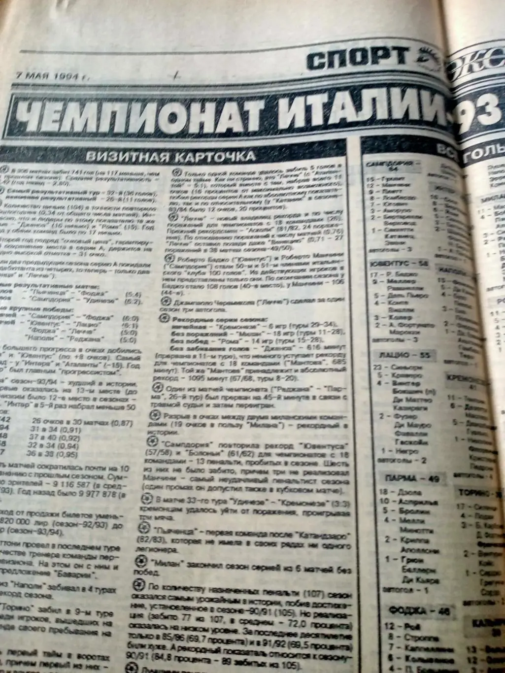 Чемпионат Италии-93/94. Таблица, все голы ит.д. СЭ