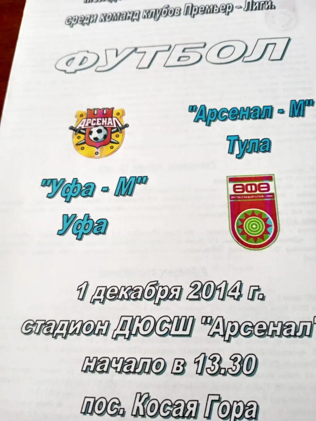 Молодежные составы. Арсенал-М Тула - Уфа-М. 1 декабря 2014 год