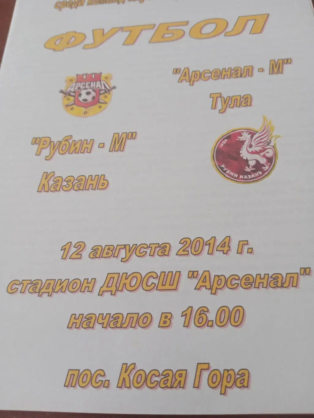 Молодежное первенство. Арсенал-М Тула - Рубин-М Казань. 12.08.2014 год