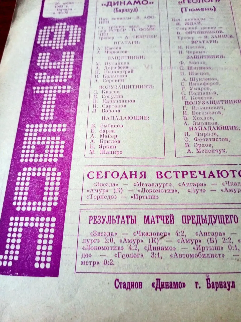 Динамо Барнаул - Геолог Тюмень. 26 июня 1983 год