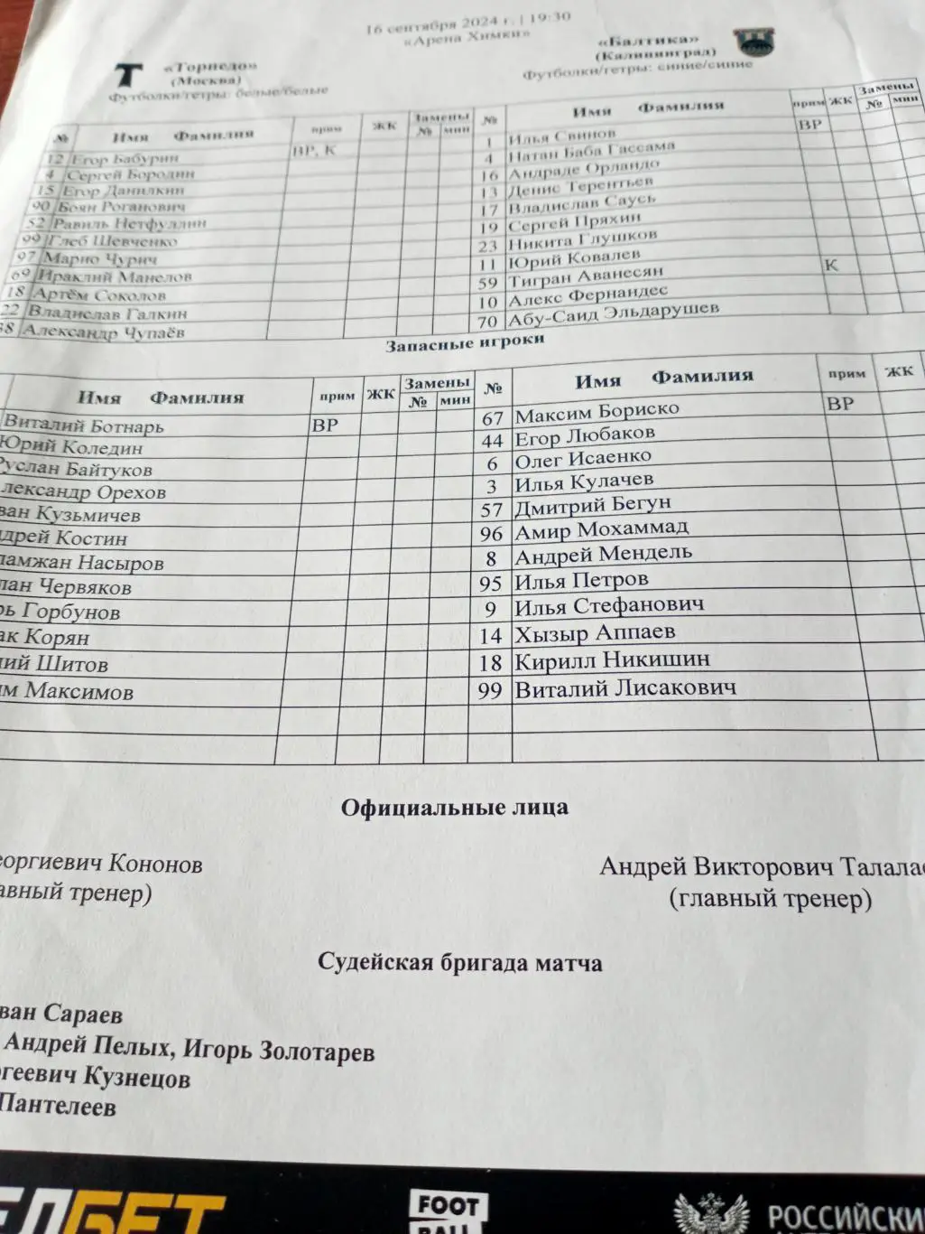 Торпедо Москва - Балтика Калининград. 16 сентября 2024 год
