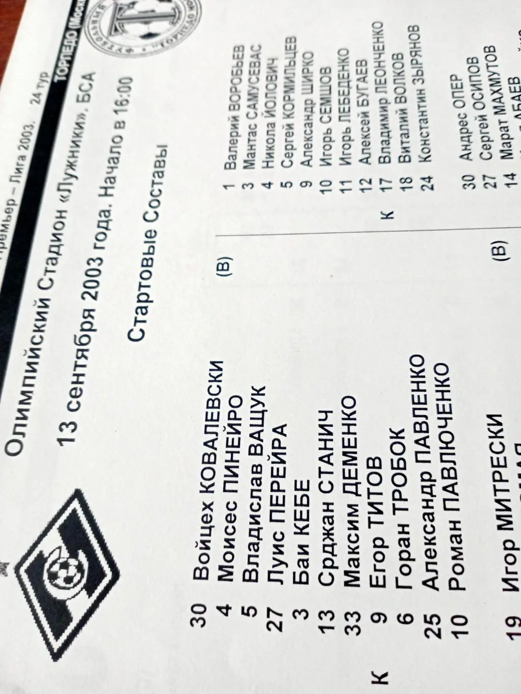 Спартак Москва - Торпедо Москва. 13 сентября 2003 год