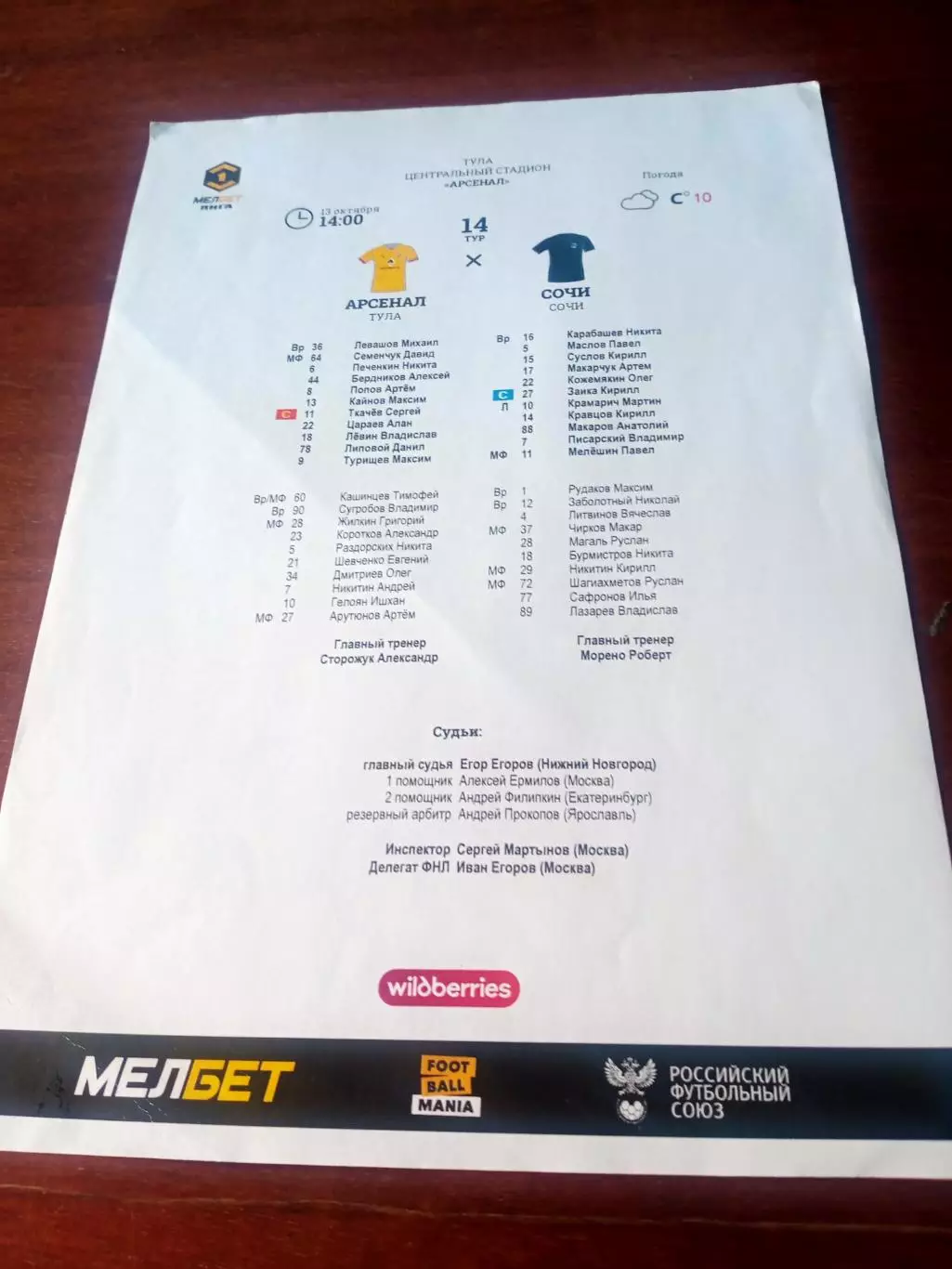Протокол - Арсенал Тула - ФК Сочи.13 октября