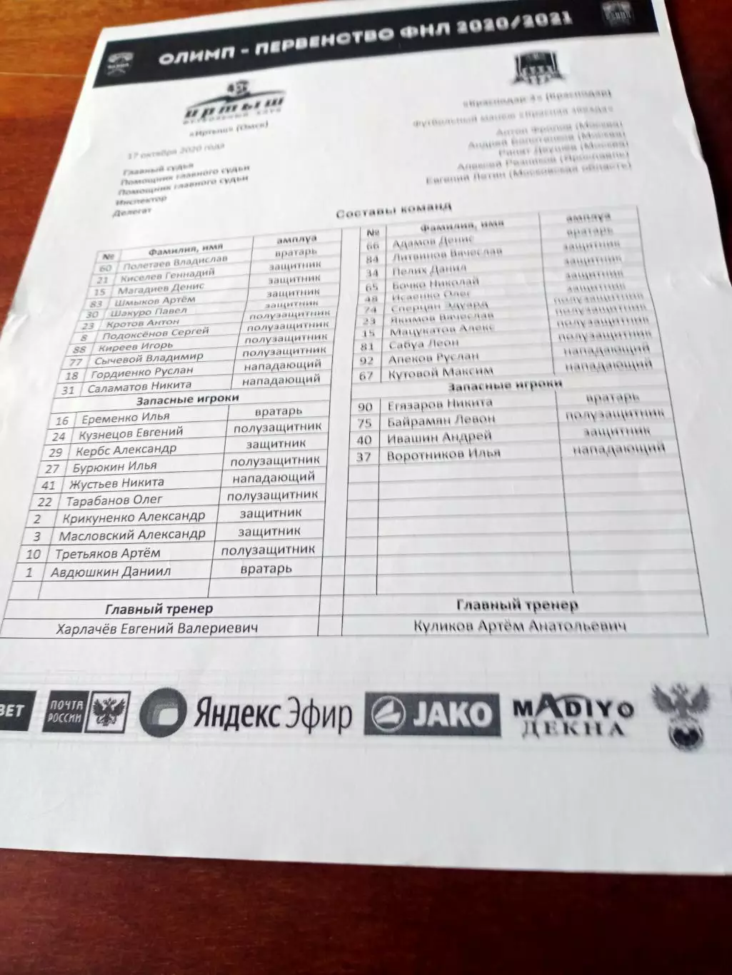 Иртыш Омск - Краснодар-2. 17.10.2020 - стартовый протокол