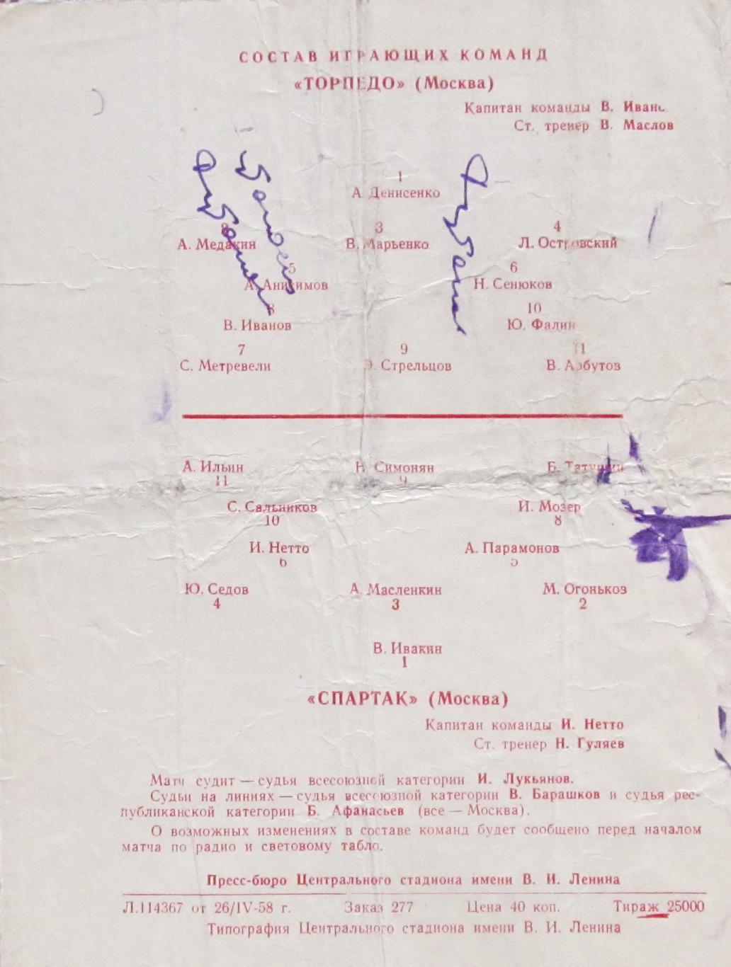 Торпедо Москва-Спратак Москва, открытие сезона, 2 мая 1958 года. 1