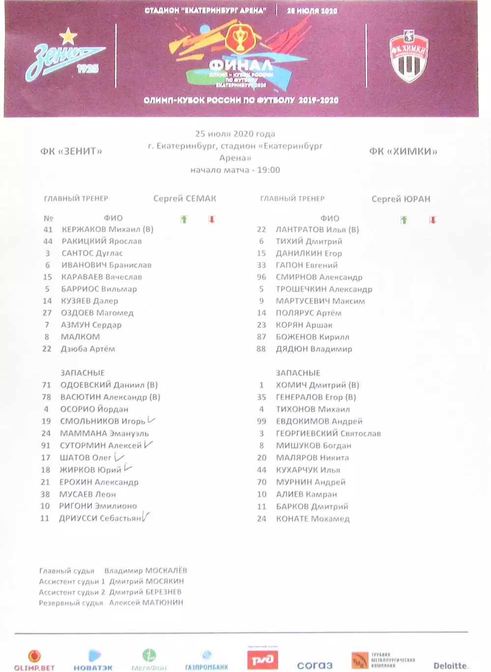 Протокол финала Кубка России, Зенит-Химки. 25.07.2020