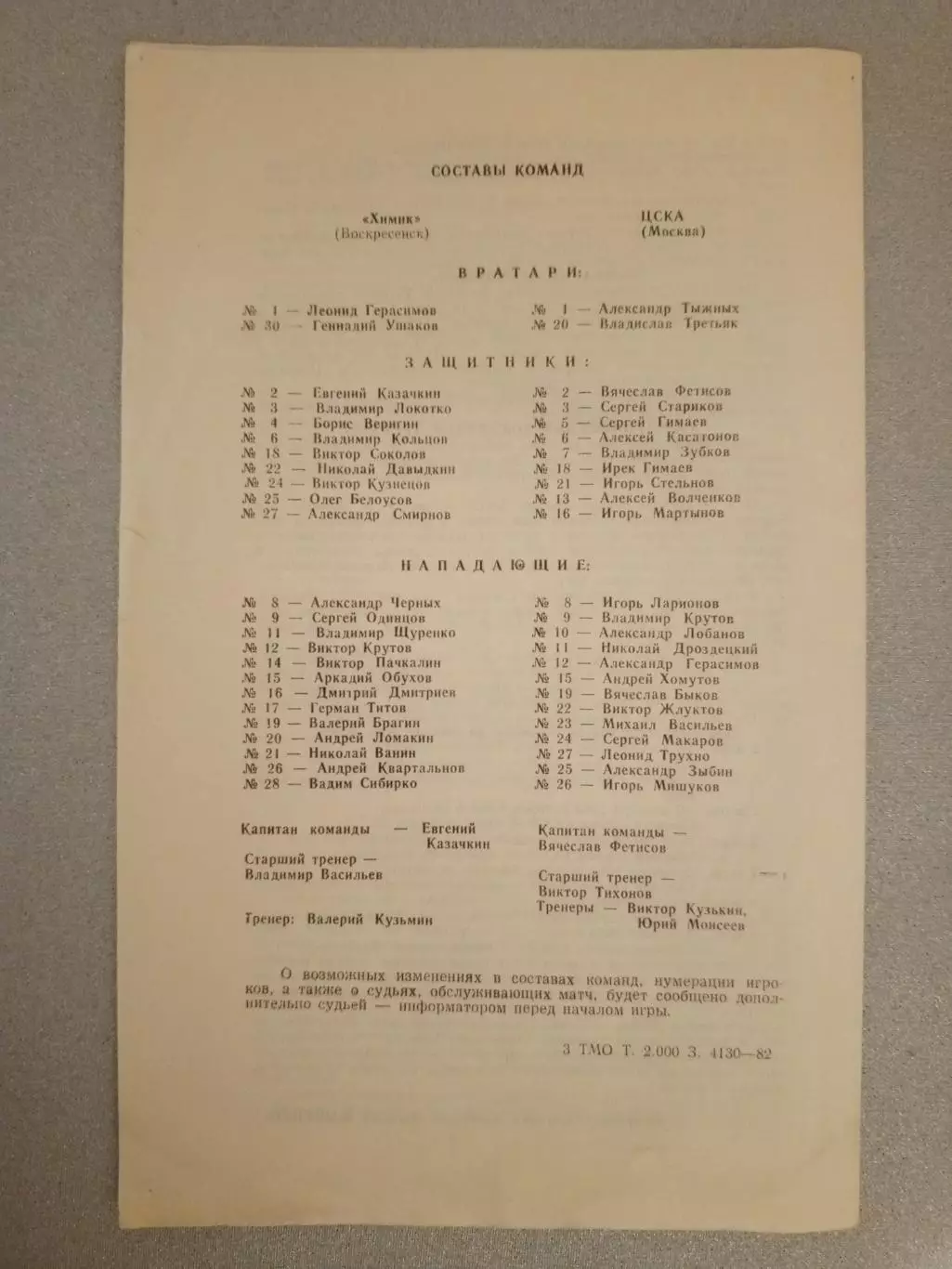 Химик Воскресенск - ЦСКА - 28 ноября 1982 года. 1