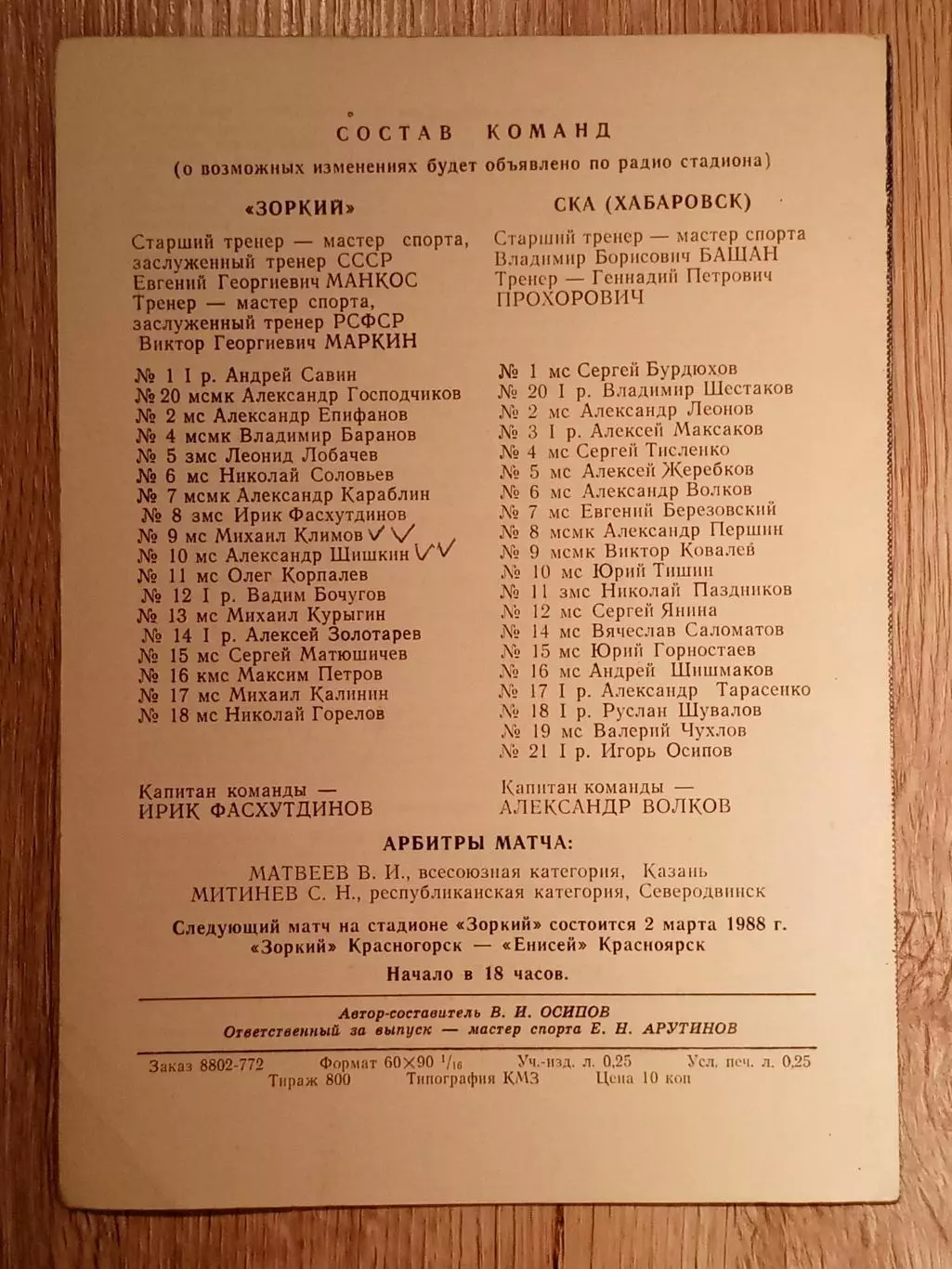 Зоркий Красногорск - СКА Хабаровск. 17 февраля 1988 года. 1