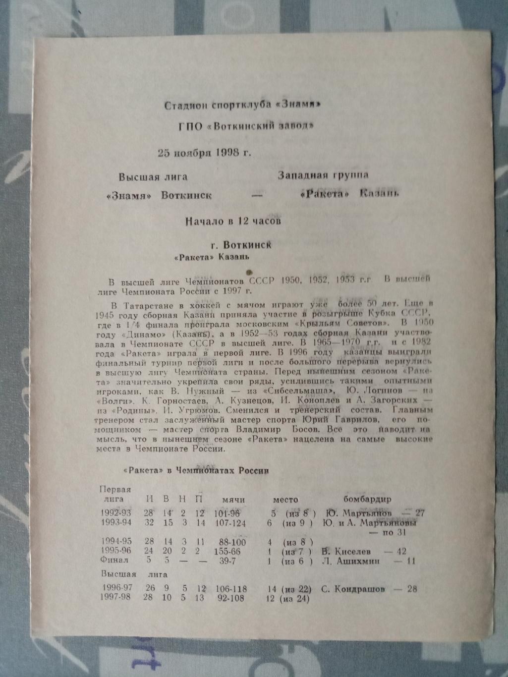 Знамя Воткинск - Ракета Казань. 25 ноября 1998 года.