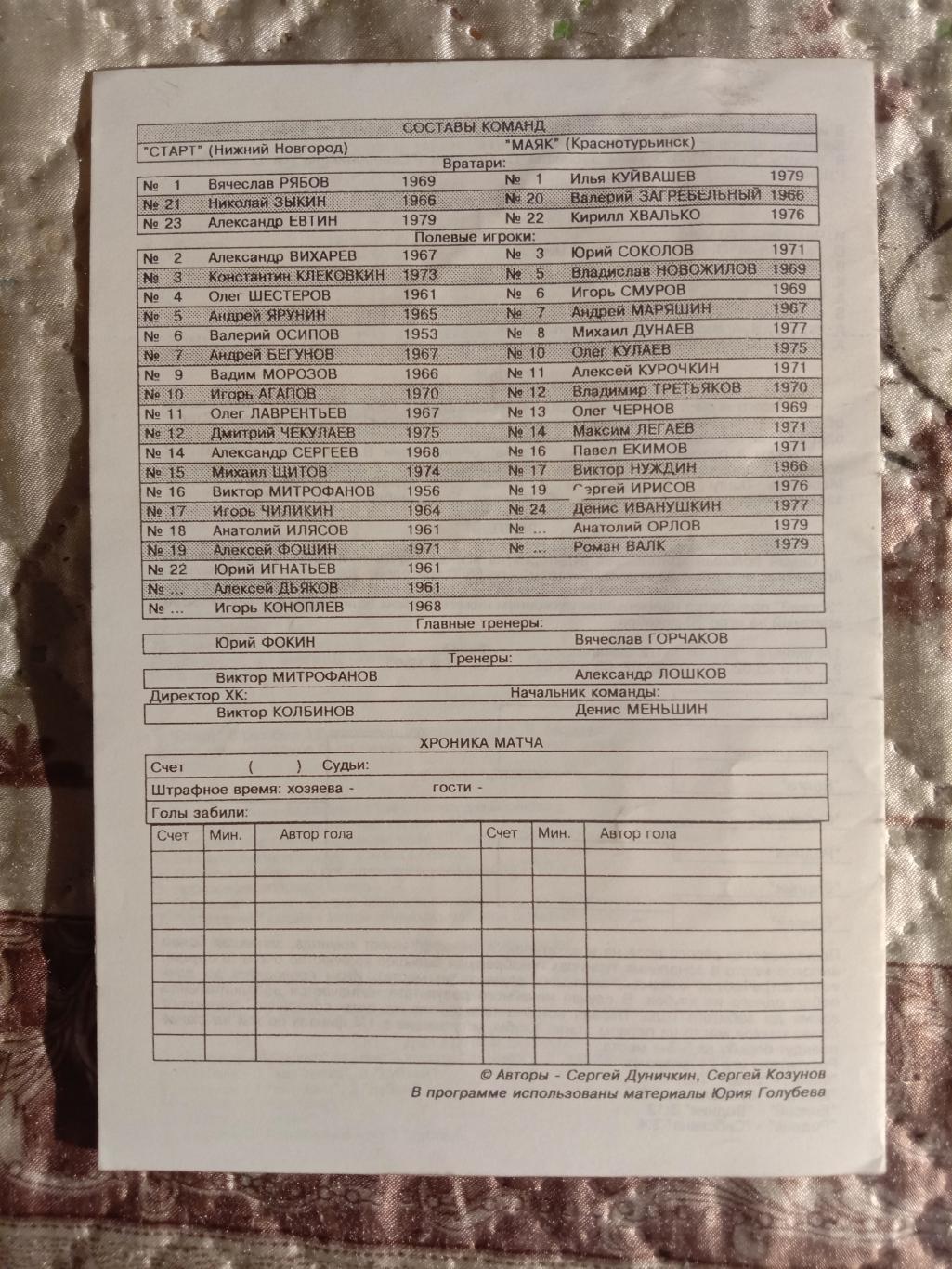 Старт Нижний Новгород - Маяк Краснотурьинск. 24-25 февраля 1996 года. 1