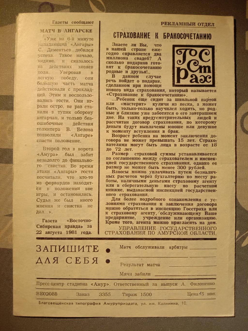 Амур Благовещенск - Уралец Нижний Тагил. 1 сентября 1981 года. 1