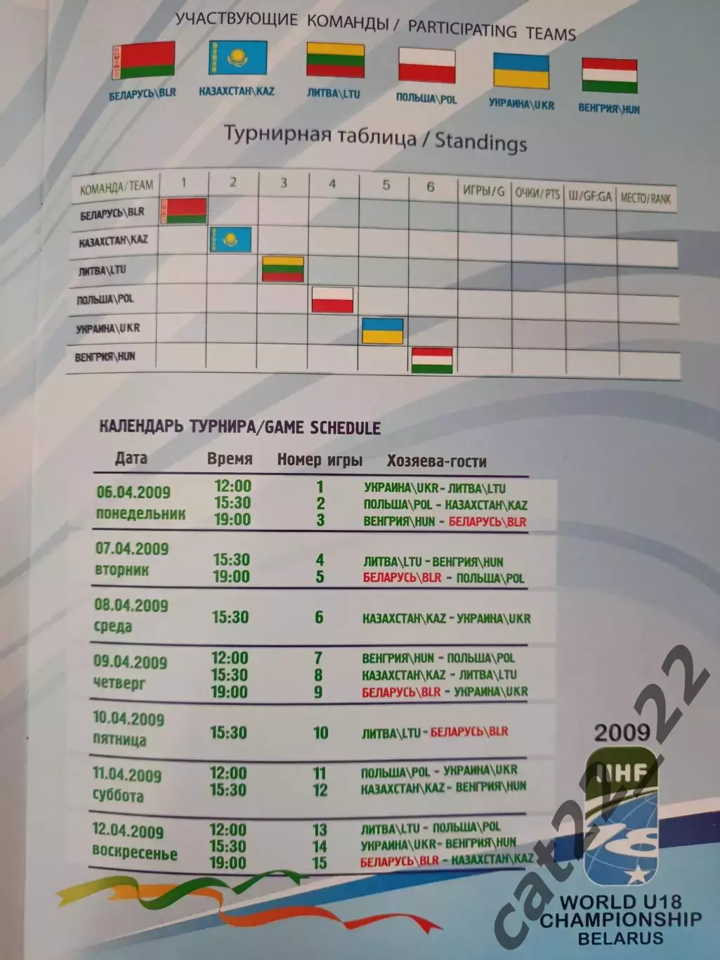 Турнир 2009. Беларусь, Казахстан, Литва, Польша, Украина, Венгрия 2009 1