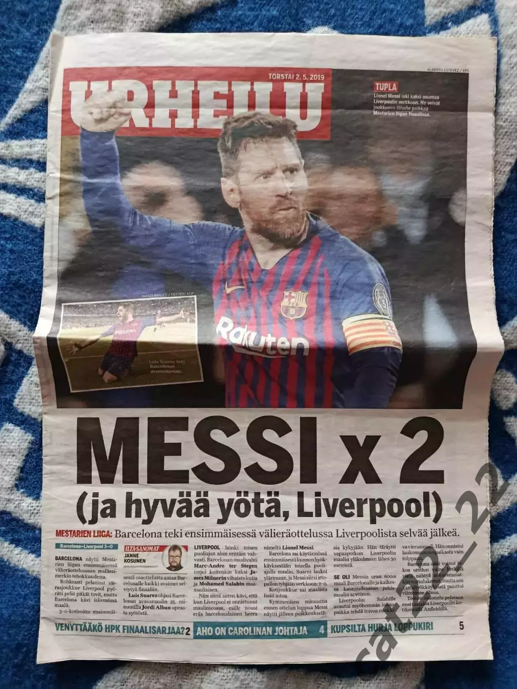 Газета URHEILU 2.5.2019. Финляндия. Лионель Месси. Футбол. Хоккей