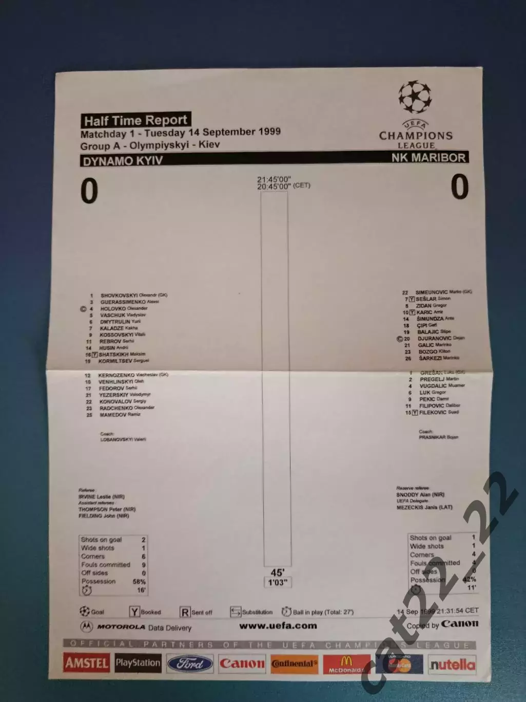 Оригинал! Динамо Киев Украина - Марибор Словения 1999/2000