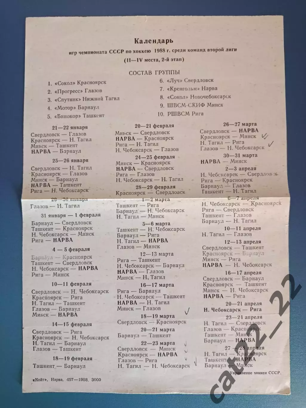 Турнир 1988. Нарва,Красноярск,Глазов,Нижний Тагил,Барнаул,Свердловск,Минск,Рига