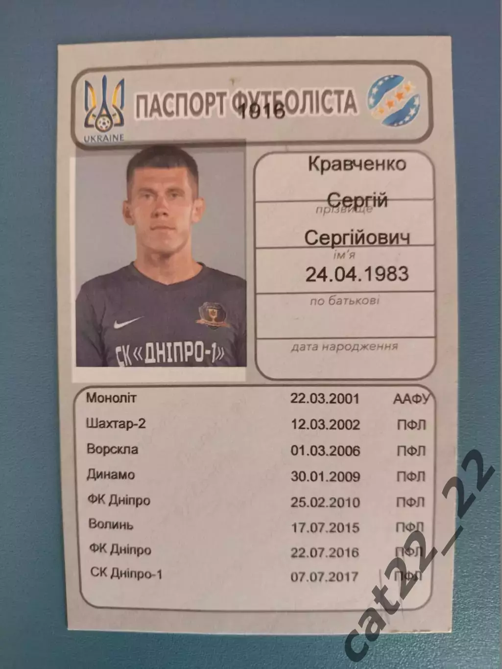 Паспорт футболиста. Сергей Кравченко. СК Днепр - 1 Днепр Украина 2017/2018