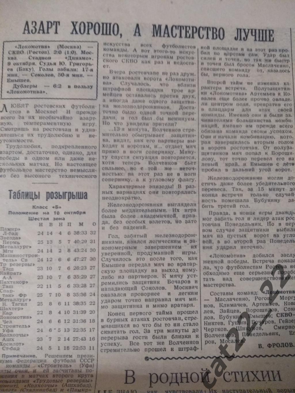 Советский спорт 1959. СССР. Локомотив Москва - СКВО Ростов - на - Дону 1959 1