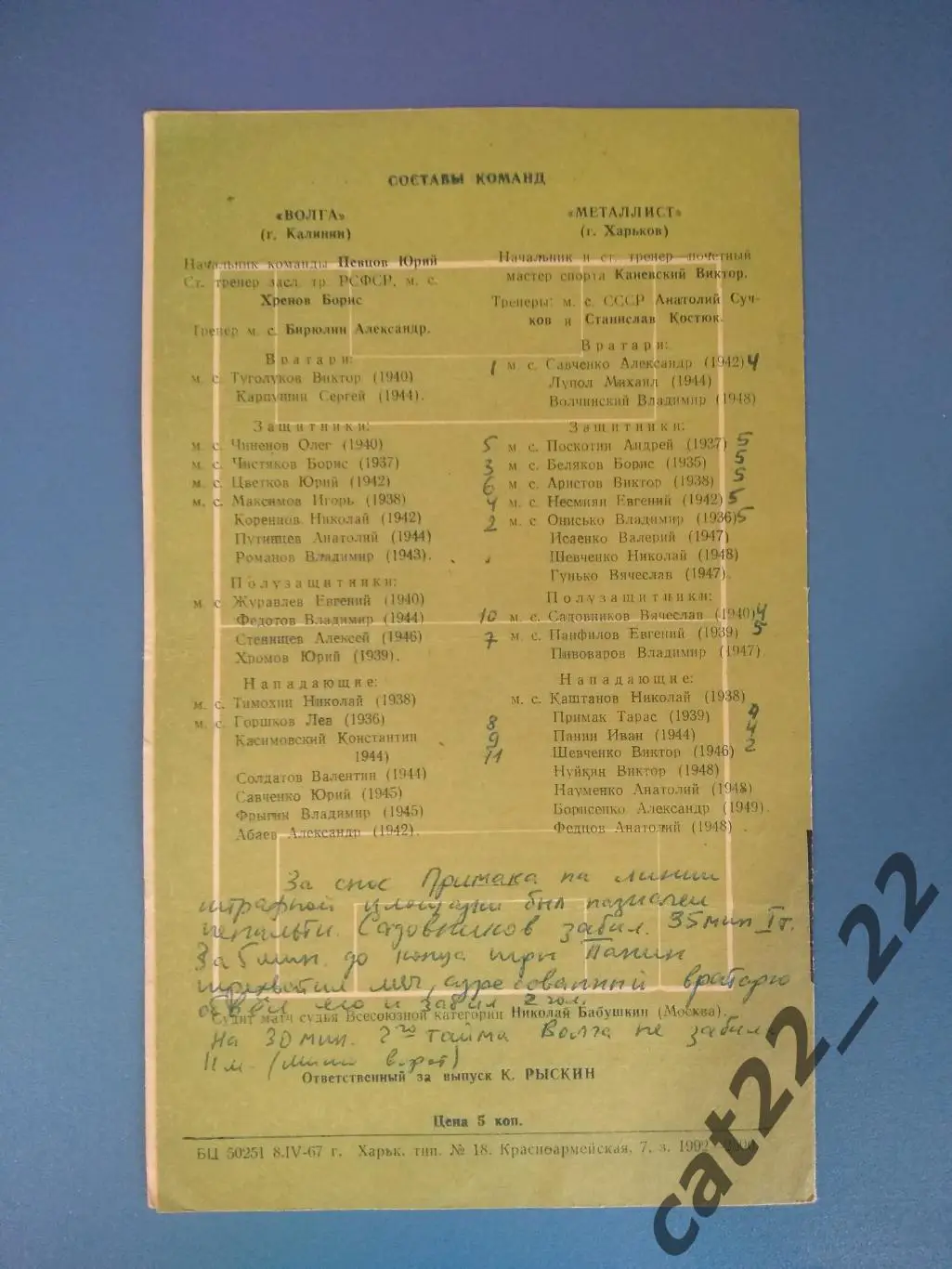 Металлист Харьков СССР/Украина - Волга Калинин/Тверь СССР/Россия 1967 1