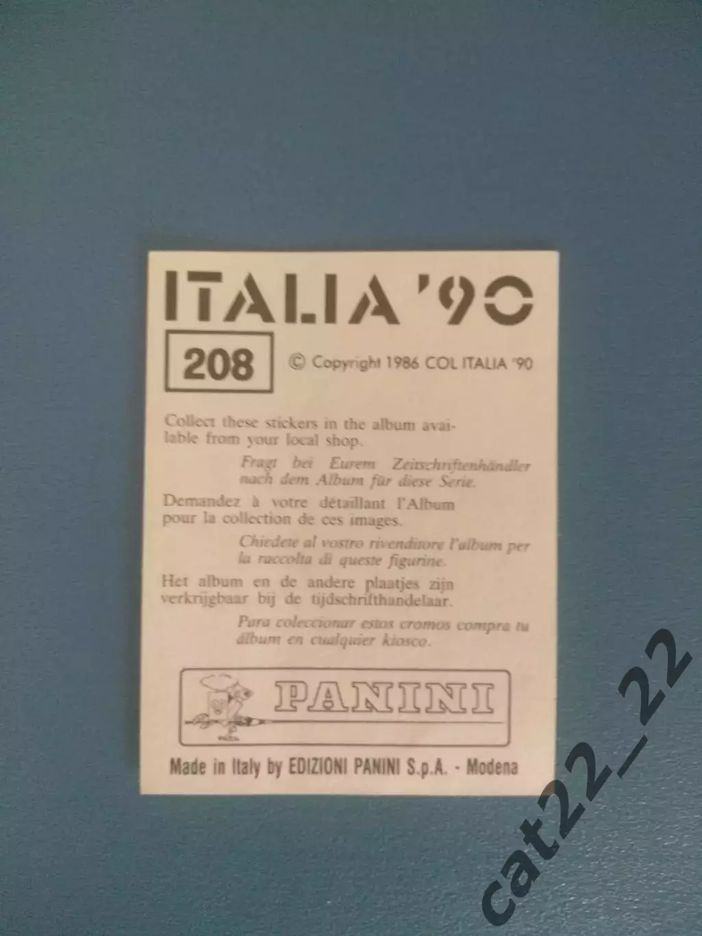 Наклейка. Панини/Panini. Чемпионат мира 1990. № 208 1
