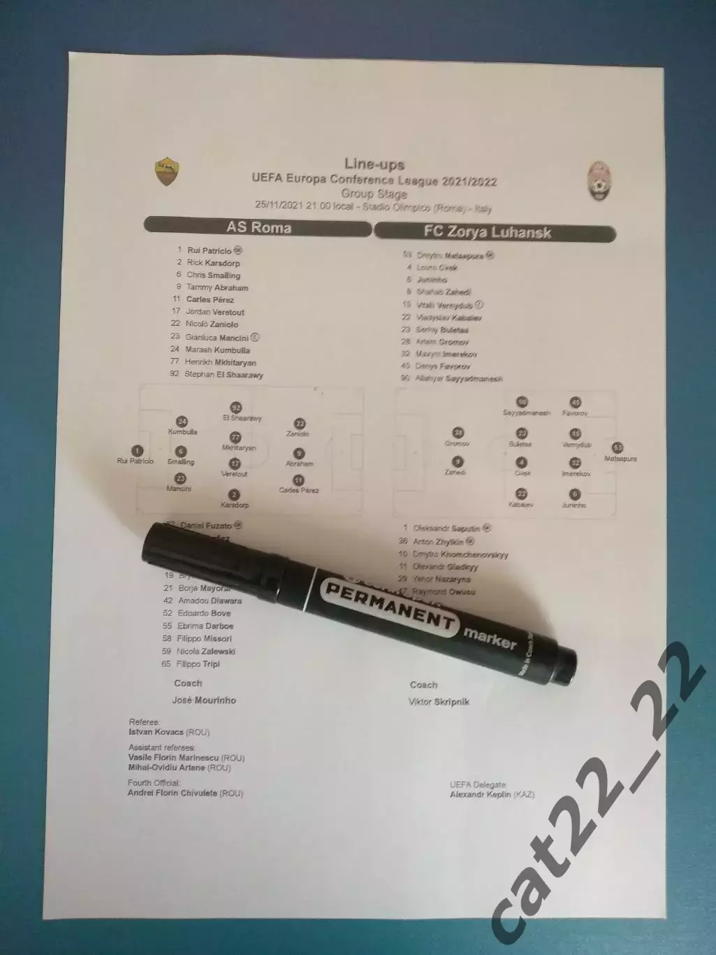 Матчевый протокол! Оригинал! Рома Рим Италия - Заря Луганск Украина 25.11.2021