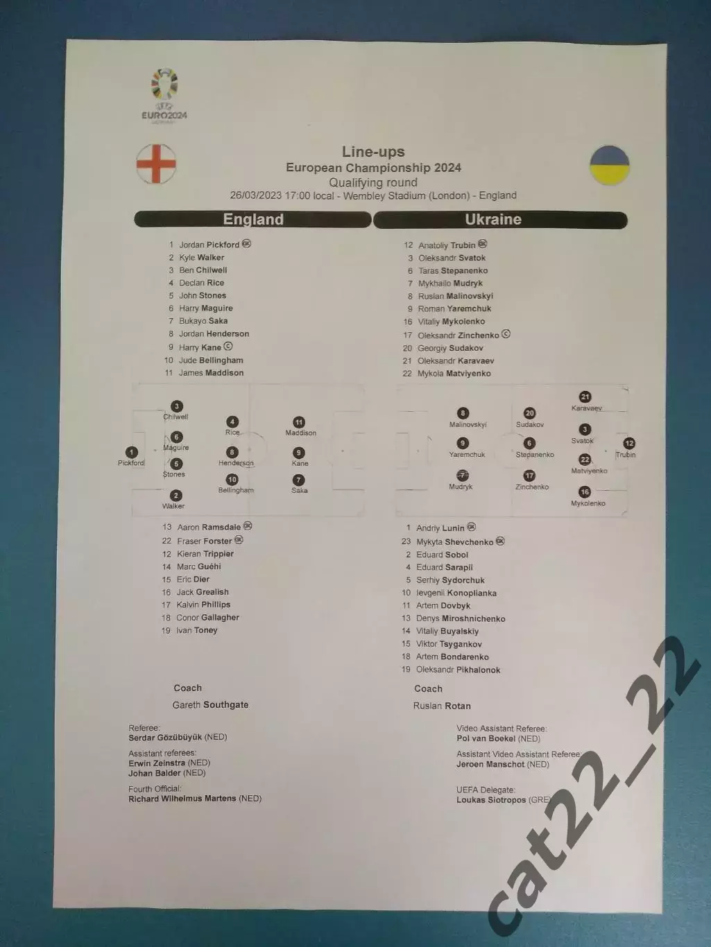 Матчевый протокол! Оригинал! Англия - Украина 26.03.2023 1