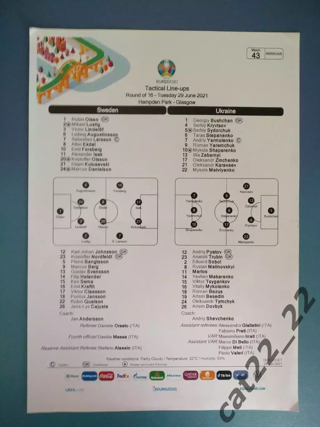 Матчевый протокол! Оригинал! Швеция - Украина 29.06.2021