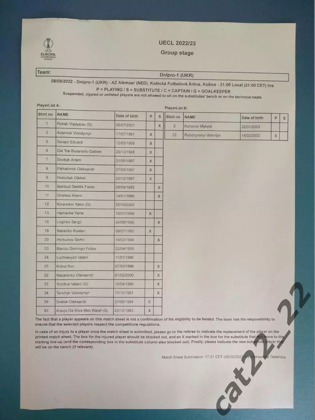 Матчевый протокол! Оригинал! СК Днепр-1 Днепр Украина-АЗ Алкмаар Нидерланды 2022