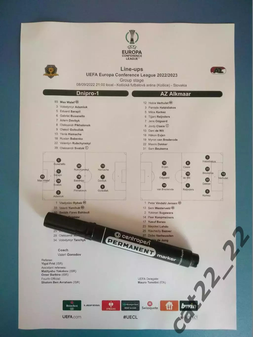 Матчевый протокол! Оригинал! СК Днепр-1 Днепр Украина-АЗ Алкмаар Нидерланды 2022