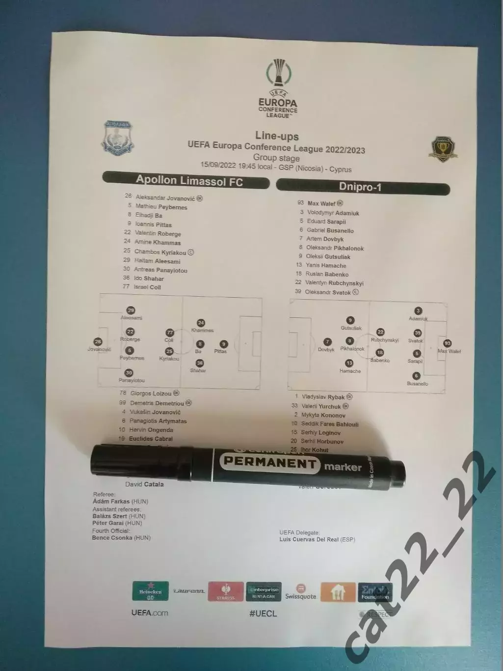 Матчевый протокол! Оригинал! Аполлон Лимассол Кипр-СК Днепр-1 Днепр Украина 2022